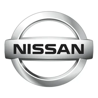 Silver Nissan logo with bold black text inside a chrome circular emblem